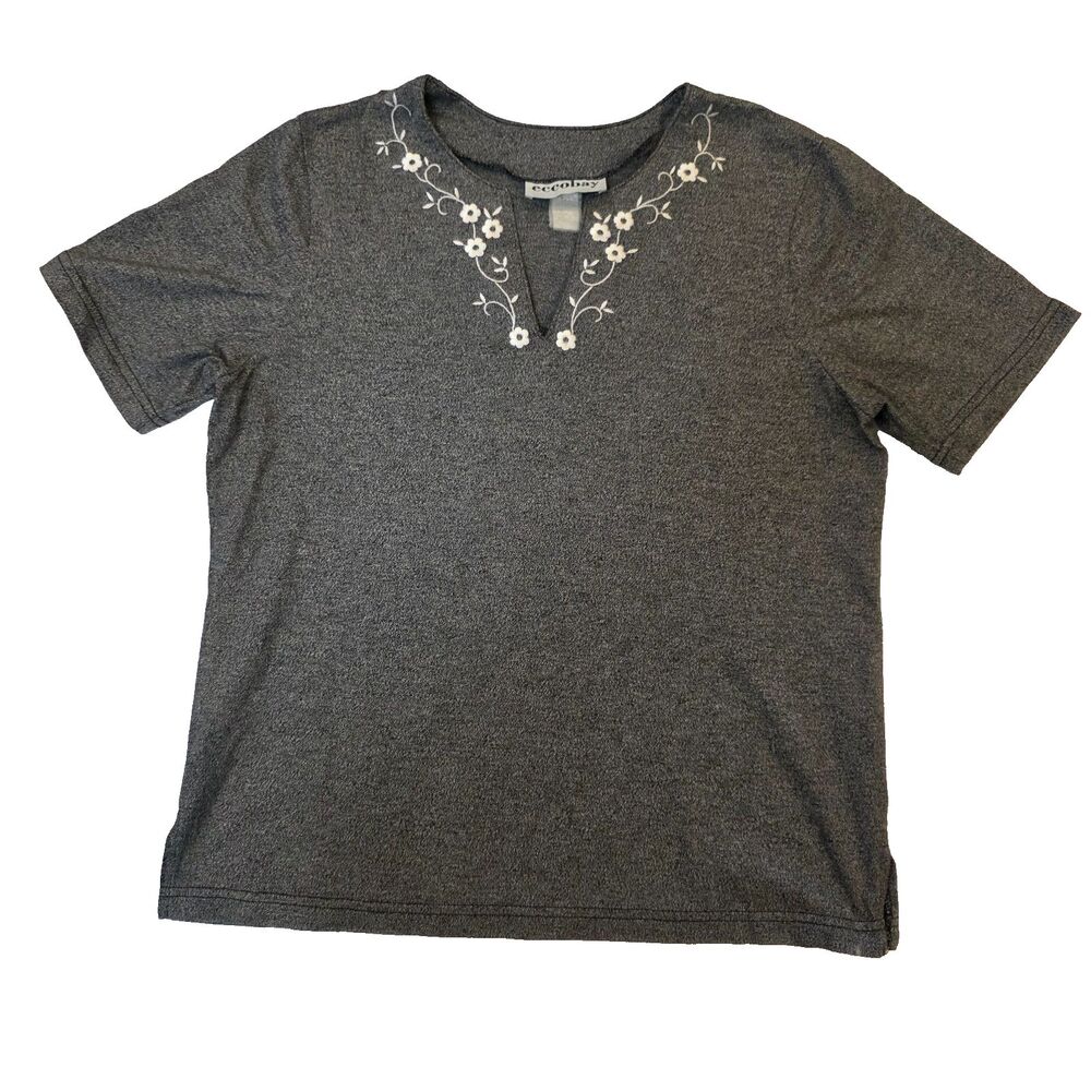 Vintage Eccobay M Gray Floral Embroidered Top Grannycore Grandmacore Cottagecore